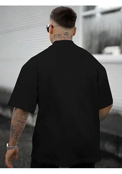 Erkek Kısa Kol Yazlık Tişört Bisiklet Yaka Gül Baskılı T-shirt - Siyah