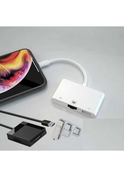 Winex 3in1 Lightning to RJ45 + UsbA + Lightning Şarj Girişli Dönüştürücü Adaptör