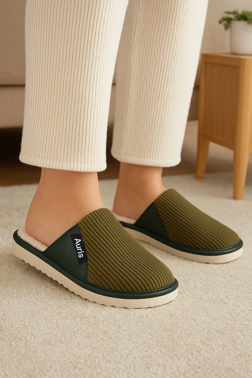 Ar-060 Unisex Kadife Kumaş İçi Kürklü Kışlık Ev Terliği Haki
