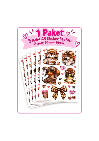 Leopar Sticker 5 Adet A5 Sticker Sayfası 50 Adet Çok Renkli