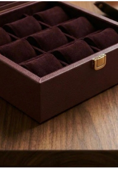 Premium 9 Yuvalı Deri Kaplama Cam Kapaklı Şık Tasarım Saat Saklama Kutusu Ebat 23x25 Cm Bordo