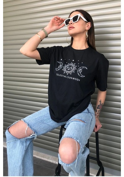 Startmore Bisiklet Yaka Siyah Ay Baskılı Oversize Siyah