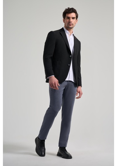İmza Çizgili Desen Gofreli Mono Yaka Esnek 6 Drop Slim Fit Ceket 1002250122 Siyah