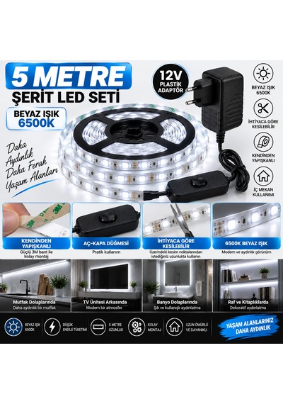 Mutfak Dolap Ayna Aydınlatma 5 Metre Beyaz Aç Kapat Düğmeli Şerit Led Seti 12v Adaptörlü Aç Kapa Düğmeli Kendinden