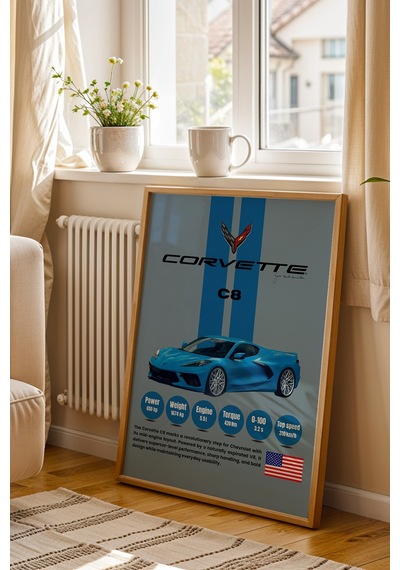 Corvette C8 Araba Tablosu - Teknik Özellikli Otomobil Poster - Çerçeveli Duvar Dekoru Kayın
