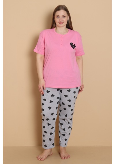 Wordex Mirano 4515 Kalpli Kısa Kollu Pamuklu Penye Büyük Beden Kadın Pijama Takımı Fuşya