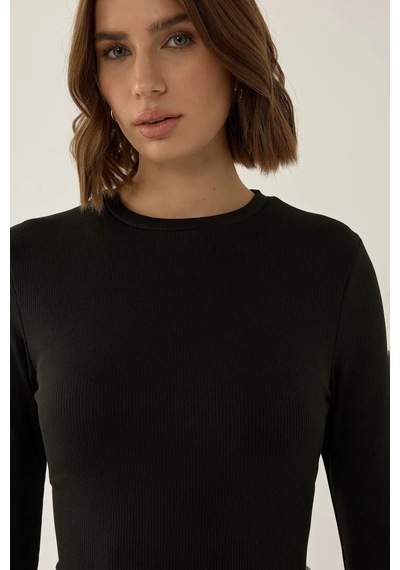 Hiccup Dar Kesim Uzun Kollu Bisiklet Yaka Bodysuit Siyah