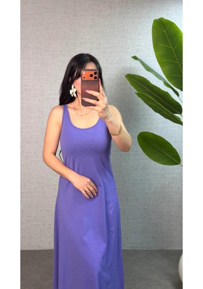 Efnaz Style Kadın Askılı Yuvarlak Yaka Süprem Kumaş Elbise Lila