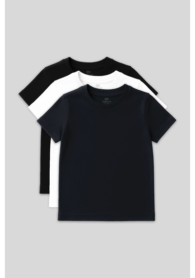 Standart Fit Basic O Yaka 3lü Paket Siyah-beyaz-lacivert Unisex Çocuk T-shirt - 11328 Lacivert - Beyaz