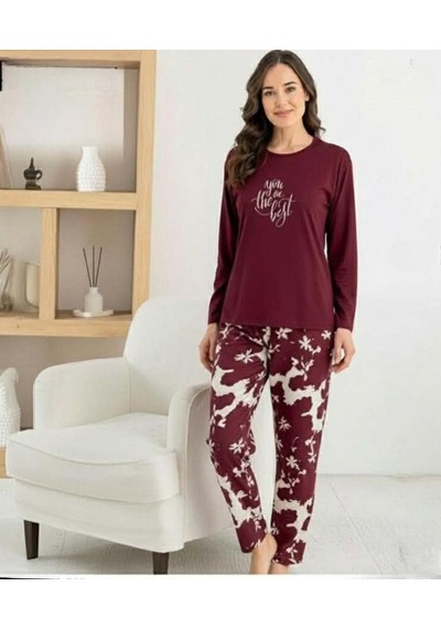 Pijamoni Kadın Milan Bisiklet Yaka Uzun Kol İnce Pijama Takımı 7600/21 - 1 Adet Bordo
