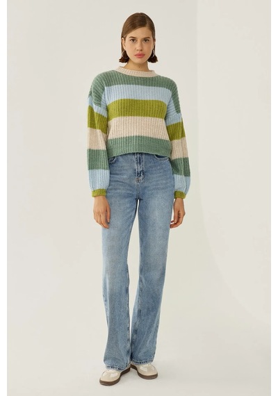 Hiccup Relaxed Fit Çizgili Triko Kazak Yeşil