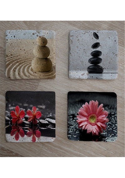 Spa Taşları Ve Kırmızı Gerbera Çiçeği Doğal Taş Bardak Altlığı 4'lü Set - Natural Stone Coasters - Taş Çok Renkli