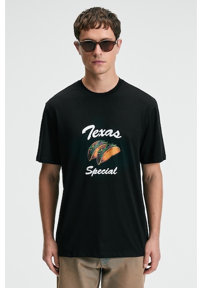 Grimelange CRISP Erkek Oversize %100 Pamuk Baskılı Yuvarlak Yaka Siyah T-Shirt