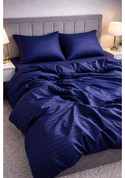 Wova Home Midnight Stripe Çift Kişilik Nevresim Takımı%90 Pamuk 83 Tel Saten Çizgili Lastikli Çarşaflı Lacivert Çok Renkli
