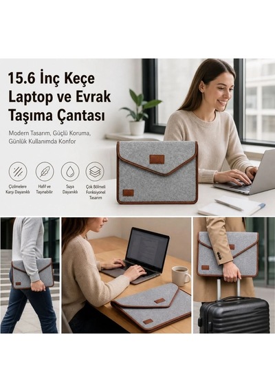 Ergonomik Gri Cırt Cırtlı Keçe Laptop Ve Evrak Çantası 15.6 İnç Sarı