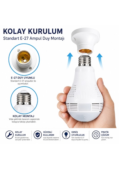 Wifi 360 Panoramik Ampul Kamera E27 Duy Uyumlu, Gece Görüşlü, Hareket Algılamalı, Çift Yönlü Ses, Micro Sd Kart Destekli Güvenlik Kamerası