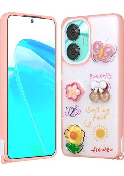 Realme C55 Kılıf Parlayan Simli Kabartma Figürlü Zore Cevze Kapak Pembe