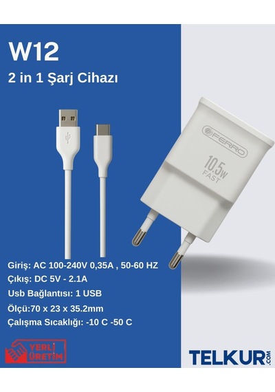Ferro W12 Micro 10,5w Adaptör & 1m Usb Kablo 2,1 Amper Hızlı Şarj