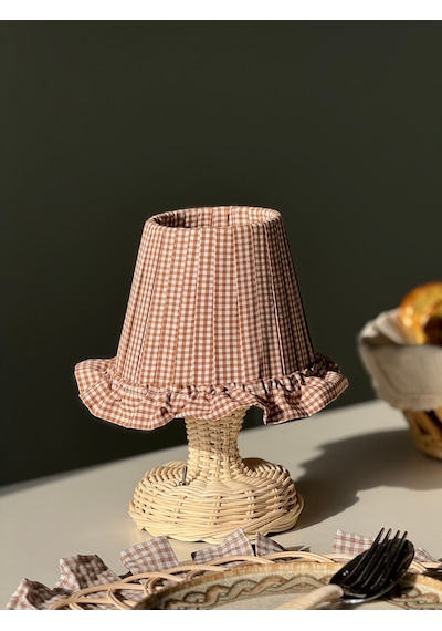 Kahverengi Pötikare Desen Kumaş Rattan Ayaklı Kablosuz Gece Masa Lambası Kahverengi