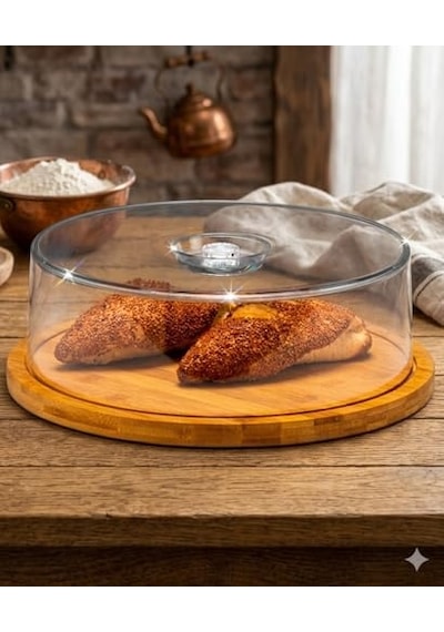 Bambu Tabanlı Yuvarlak Fanus Pasta Standı, Şeffaf Akrilik Kapaklı, Kek Ve Ekmek Sunum Tabağı Diğer