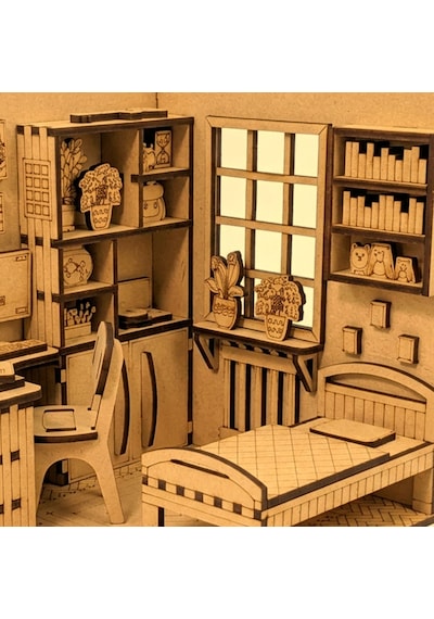 Çalışma Odası Ahşap Maket Seti Dıy Miniatür Yatak Odası Ve Çalışma Köşesi Peri Led'li 3d Puzzle