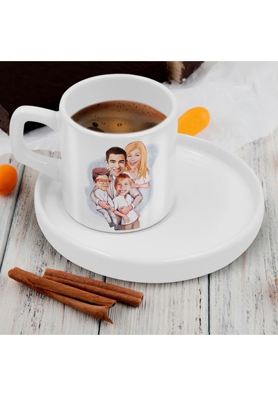Bk Gift Kişiye Özel Sunum Tabaklı Aile Karikatürlü Kahve Fincanı-10, Sevgiliye Hediye, Aileye Hediye, Arkadaşa Hediye Beyaz
