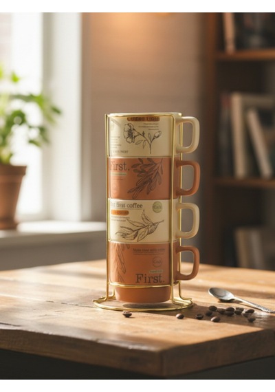 Gold Metal Standlı Dörtlü Porselen Kupa Espresso Fincanı 200 Ml Çok Renkli