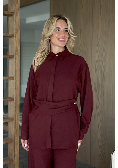 Laluvia Bordo Gold Aksesuar Düğmeli Gömlek Pantolon Takım - 8856 Bordo