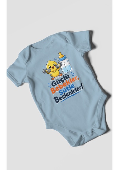 Morivokids Güçlü Bebekler Sütle Beslenir Kısa Kollu Bebek Body %100 Pamuk Bebe Mavisi