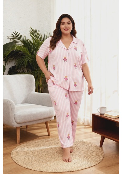 Laperissa Curve Pembe Çizgili Ayıcık Desenli Gömlek Yaka Örme Pijama Takımı