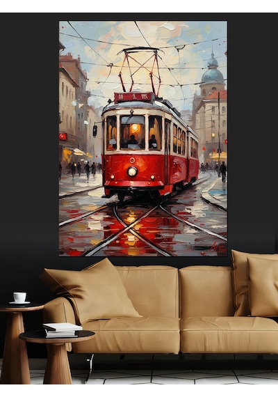 Ahşap Tablo Kırmızı Tramvay Şehir Sokak