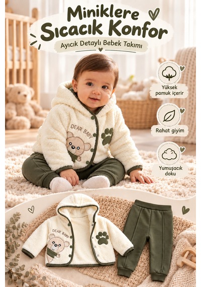 Ahengim Ayıcık Detaylı Kapüşonlu Peluş Hırkalı Bebek Alt Üst Takım 2 Parça Ak324905 Haki