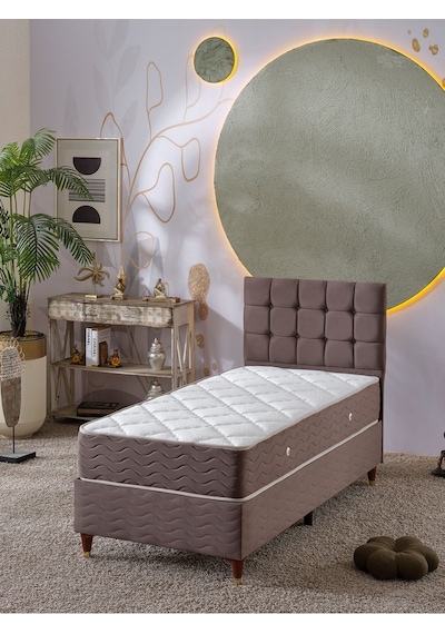 Beehanem Bengü Tek Kişilik 3lü Set Yatak+baza+başlık Kahve 90 X 190