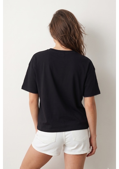 Elemge Pamuk Süprem Tok Kumaş Kadın Boxy Fit Siyah T-shirt Bol Kesim Düşük Omuzlu Bisiklet Yaka Oversize Tişört