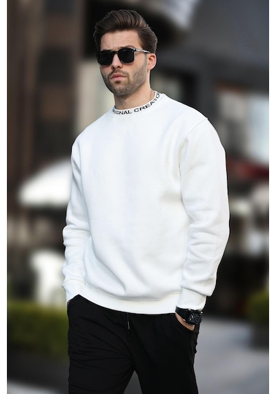 Madmext Ekru Bisiklet Yaka Şardonlu Erkek Sweatshirt 7047-ekru Ekru