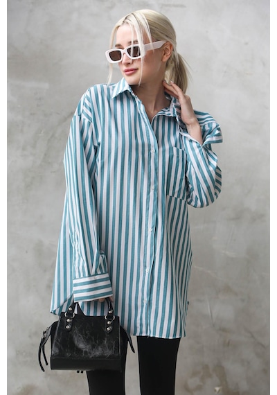 Madmext Turkuaz Çizgili Oversize Kadın Gömlek Mg1688-turkuaz Turkuaz