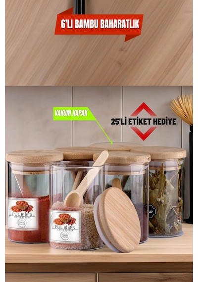 6'lı Cam Vakumlu Bambu Kapaklı Borosilikat Baharatlık, Saklama Kabı, Çerezlik 200 Ml Diğer