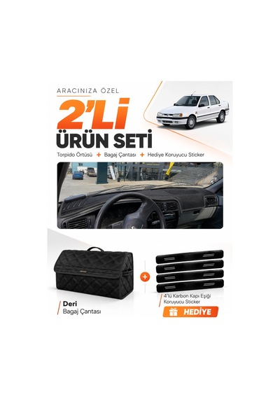 E-biz Renault 19 Europa 1996-2003 Uyumlu Torpido Örtüsü + Deri Bagaj Çantası Seti - Siyah - Re004