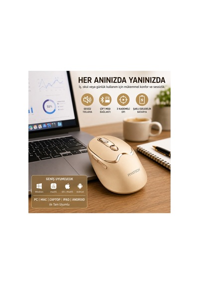 Xk-m02 Şarj Edilebilir Sessiz Kablosuz Mouse Bluetooth 2.4 Ghz Çift Mod Gold