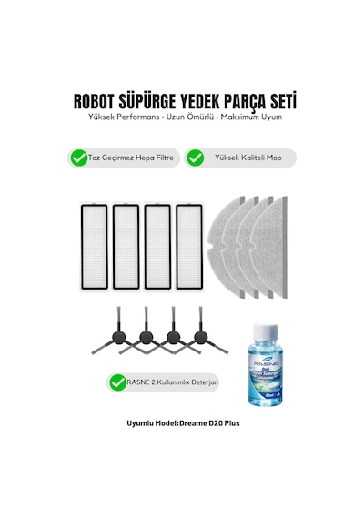 Dreame D20 Plus İle Uyumlu 4 Yan Fırça 4 Filtre 4 Mop 1 Deterjan 2.0