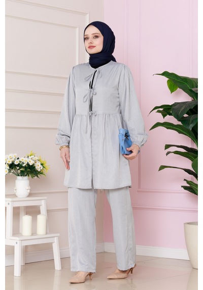 Sevitli Önü Bağlamalı Pantolonlu Takım-gri-4769