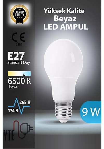 6500 K E 27 Beyaz Led Ampul 9 W Yüksek Kalite Göz Yormayan Ampul