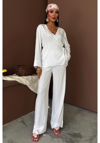 Moderie Butik Kruvaze Model Klasik Pantolonlu Çupra Keten Takım 10191 Beyaz