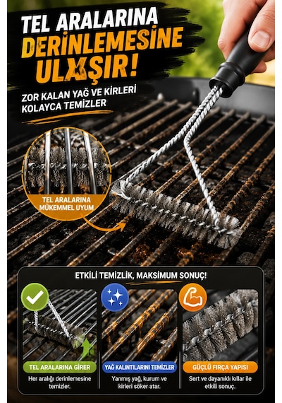 2 Adet Barbekü Mangal Izgara Temizlik Fırçası Paslanmaz Çelik Tel Ergonomik Saplı Izgara Fırçası