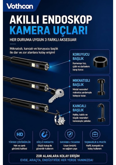 Vothoon 5 Metre Çift Kameralı İos/android Uyumlu Yılan Endoskop Kamera 8mm 2mp Led'li Sert Kablo