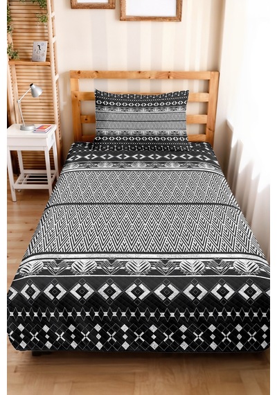 Siyah Geometrik Genç Odası Tek Kişilik Pike Takımı - Bohem Beyaz 160x220 Cm Kapitone Yatak Örtüsü Kırsal Saten Nefesi