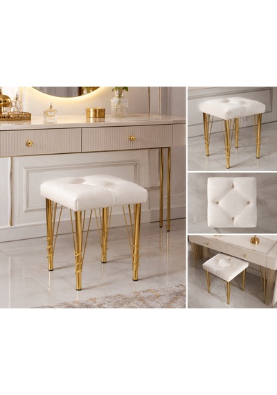 Kare Gold Kaplama Hairpin Ayaklı Tabure Krem