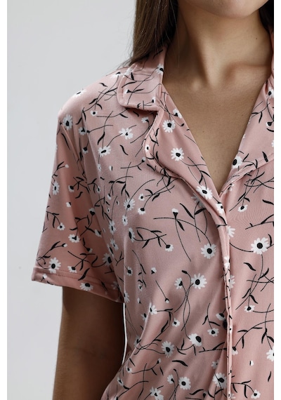 Kompedan Kadın Çiçek Desen Önden Düğmeli Pijama Takım Pembe Pmb Çiçekli