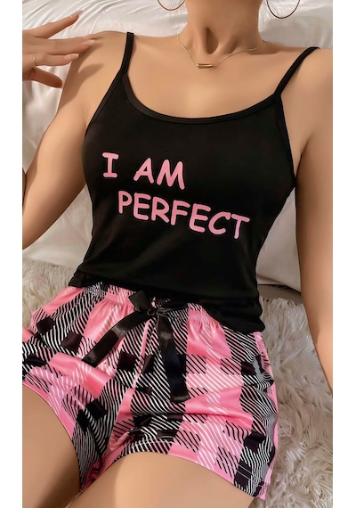 Motto10 Butik Kadın Siyah Kare Desenli Askılı Şortlu Pijama Takım 5012
