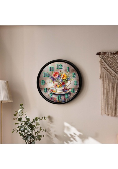 Çiçek Buketli Porselen Fincan Tasarımlı Dekoratif Duvar Saati 28 Cm Sessiz Mekanizma Çok Renkli